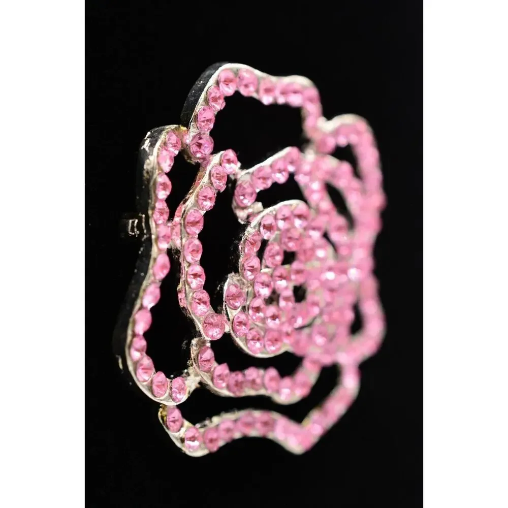 Vintage Rose Pin Brooch Flower Pink Lucite Rhinestone Crystal Silver Tone Bin5B